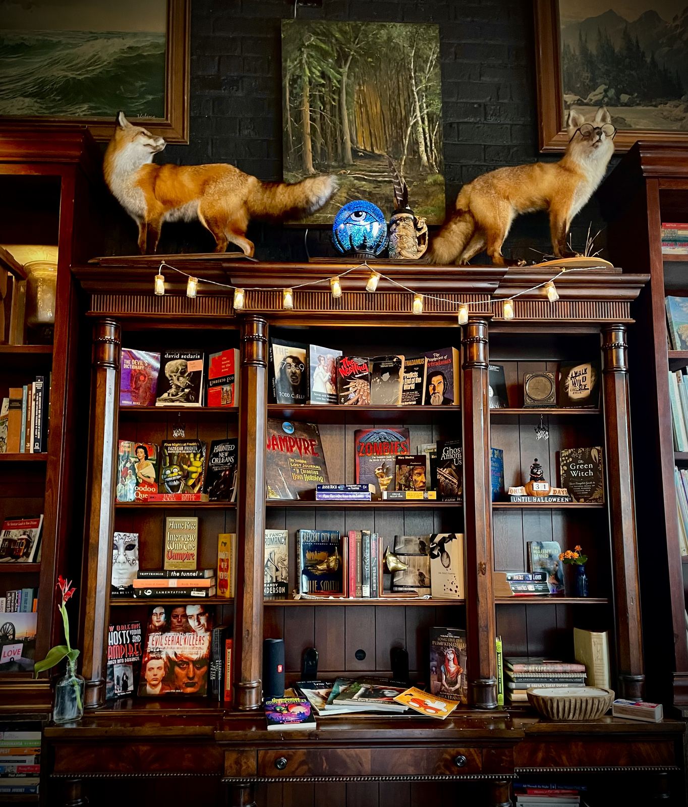 Carved bookcase of spooky and New Orleans titles with two taxidermy foxes on top, one wearing round glasses