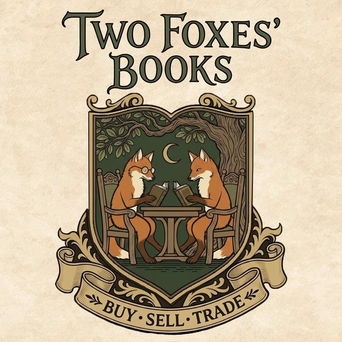 Two Foxes' Books crest: two foxes reading at a table under an oak tree. Buy, sell, trade.